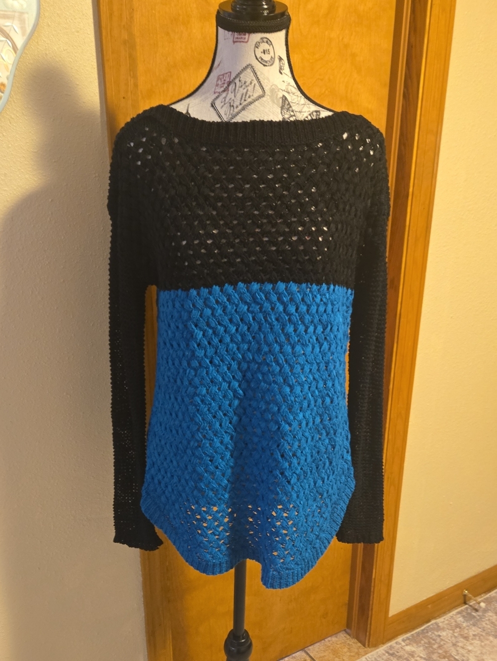 Maude Black and Blue Two-Tone Off-the-Shoulder Knit Sweater